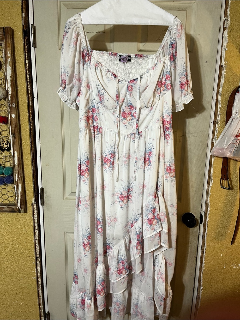 Floral White Midi Dress with Pink Rose Print